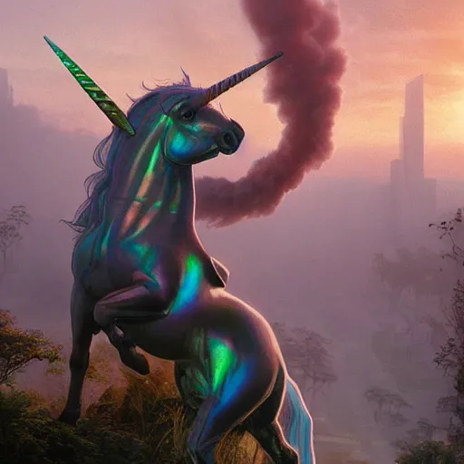 Image similar to a iridescent unicorn is injured, footsteps of blood follows behind it, toxic glowing smog in the sky, ultra realistic, concept art, intricate details, highly detailed, photorealistic, octane render, 8 k, art by artgerm and greg rutkowski and alphonse mucha