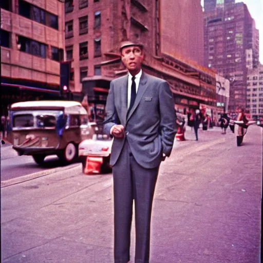 Image similar to portrait of a man in a suit in the streets of new york, 1 9 6 0 s, photo taken with ektachrome, featured on flickr, photographed on expired film