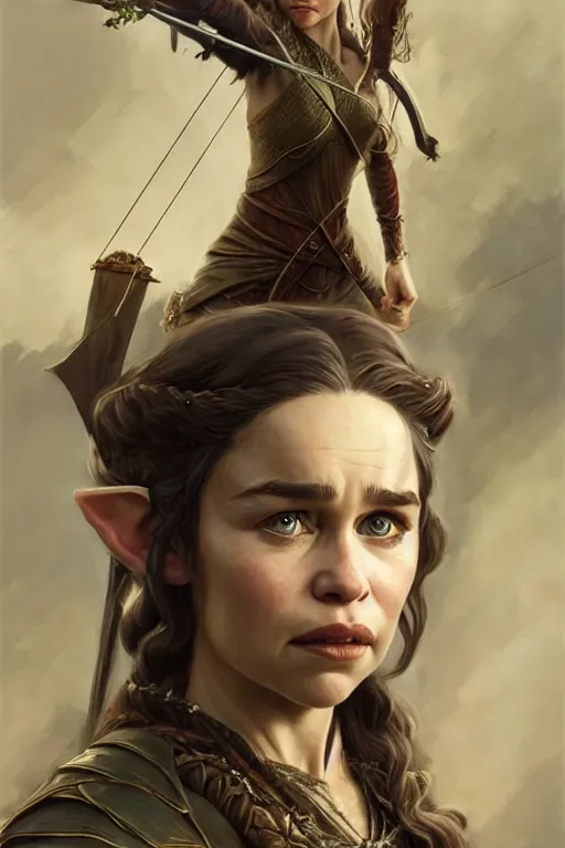 Image similar to portrait of emilia clarke as an elven archer, dark, piercing eyes, gentle expression, elegant clothing, photorealistic, highly detailed, artstation, smooth, sharp focus, art by michael whelan, artgerm, greg rutkowski and alphonse mucha