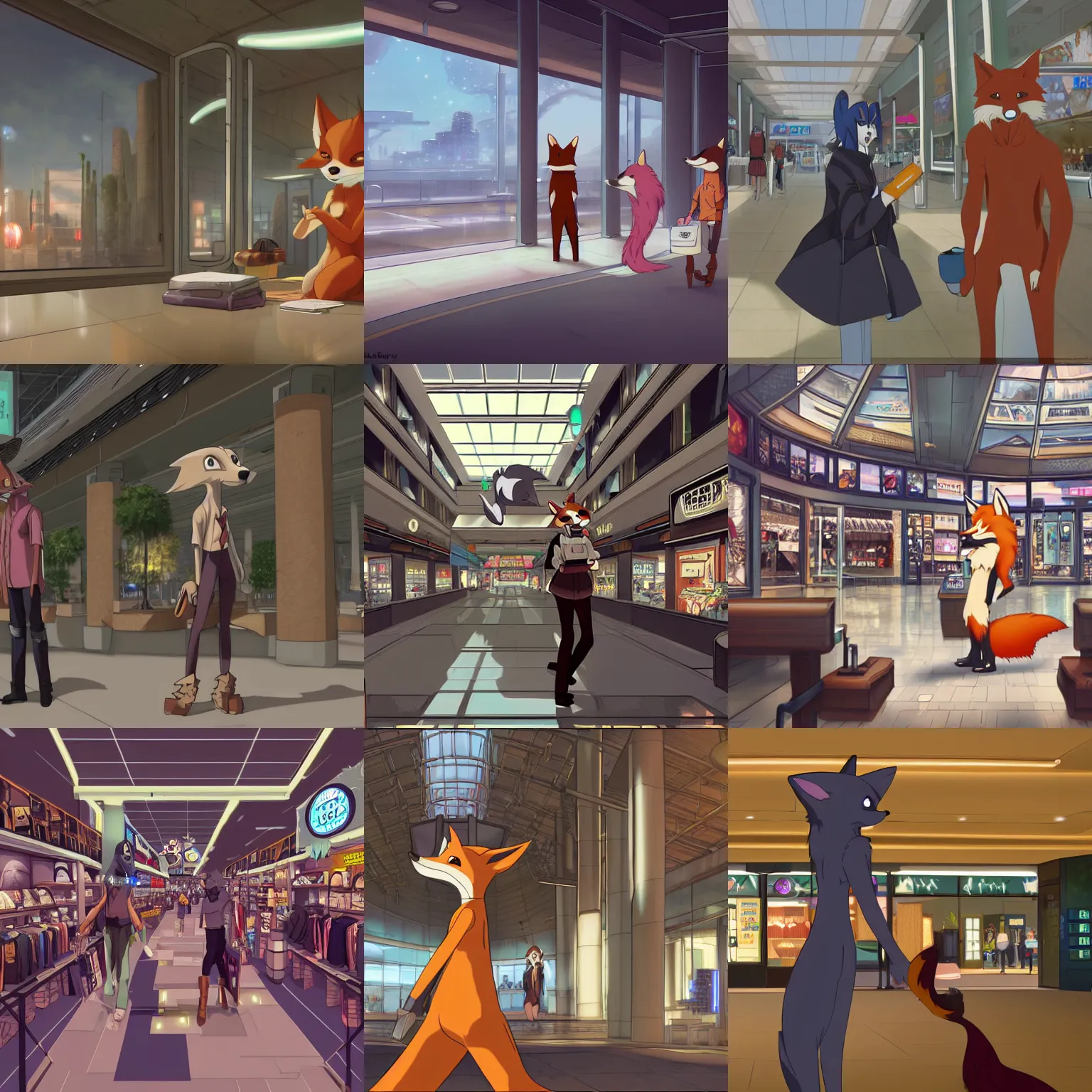 Prompt: an anthropomorphic furry fox shopping at a futuristic mall, photorealistic, anime, makoto shinkai, james gurney, don bluth, hibbary, dark natasha, goldenwolf, furaffinity