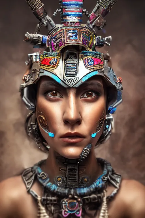 Image similar to portrait photo of female magical aztec warrior as a cyberpunk cyborg head - realistic and detailed, hdr 8 k