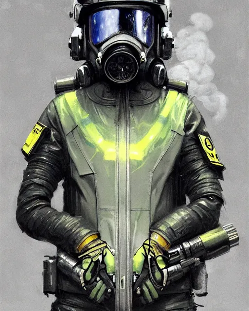 Image similar to detailed portrait neon female swat officer flying a jet, cyberpunk futuristic, neon, gas mask, reflective puffy coat, decorated with traditional japanese by ismail inceoglu dragan bibin hans thoma greg rutkowski alexandros pyromallis nekro rene margitte, fire & smoke, illustrated, perfect face, fine details, realistic shaded, fine - face, pretty face