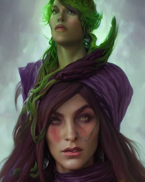 Prompt: Attractive Tiefling Druid, She has olive brown skin, vibrant dark purple hair, and stunning silver eyes, Wearing a green shawl portrait, highly detailed, digital painting, artstation, concept art, sharp focus, illustration, art by artgerm and greg rutkowski and alphonse mucha