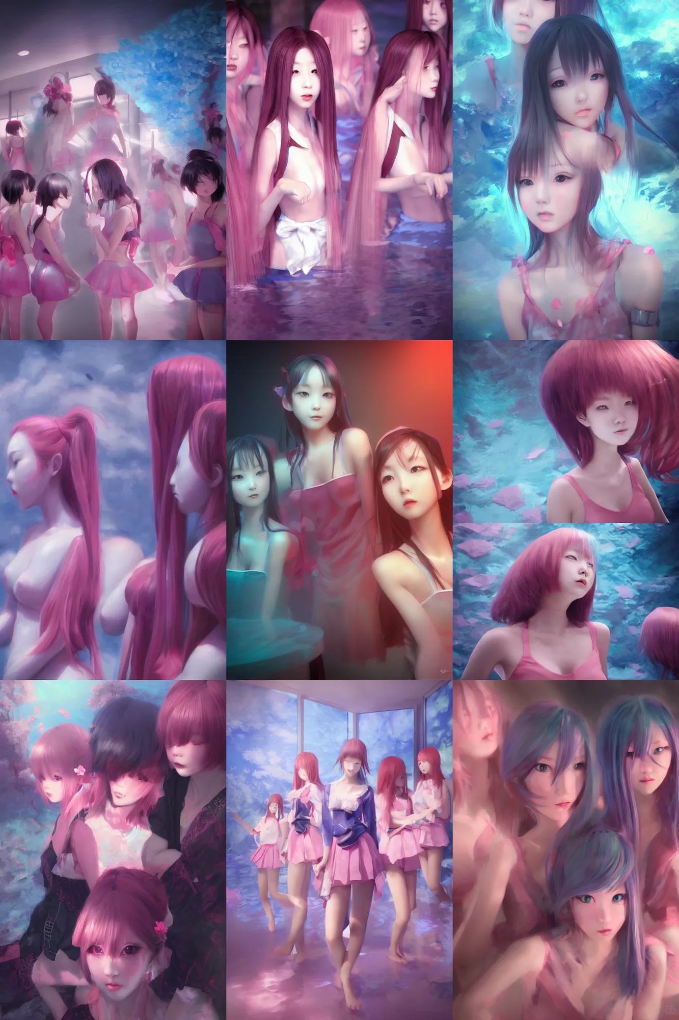 Image similar to 3d dark infrared octane render concept art by D. Jun, by Mo Xiang Tong Xiu, by Igarashi Daisuke, beauty portrait anime schoolgirls under dark pink and blue water. cute face. complex mirror room. dramatic light, trending on artstation.