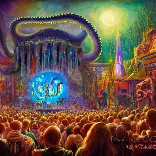 Prompt: assembled crowds worship a giant television set with tentacles, on ancient post - apocalyptic planet, jim henson creature shop, vivid and colorful, thomas kincaid, cinematic, oil painting, highly detailed, illustration