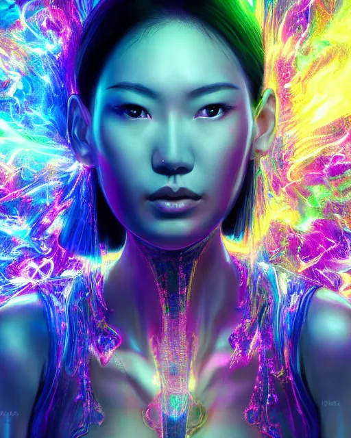 Image similar to a powerful energy psychedelic matrix asian woman, by alexander fedosav, hyper detailed digital matte painting, concept art, hyperrealism, 1 6 k resolution, cinema 4 d, 8 k resolution, trending on artstation, behance hd, a masterpiece, by stephan martiniere, particles, cel - shaded, power bright neon energy, by david a. hardy