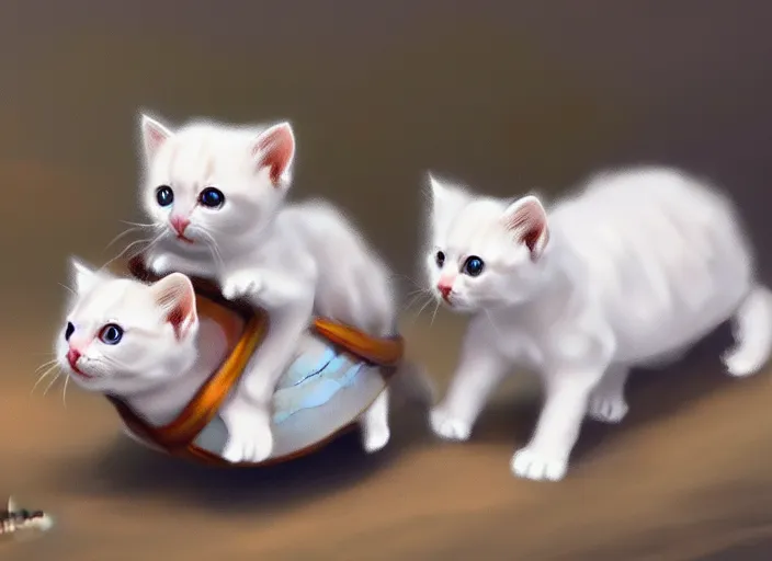 Prompt: white kittens riding turtles ready for battle, cute, digital oil painting, trending on artstation