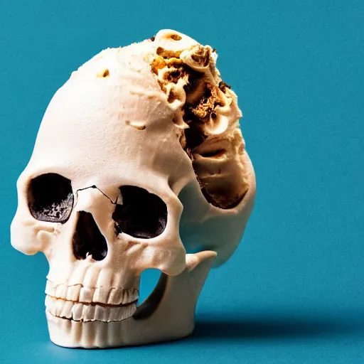 Prompt: melting human skull in ice cream cone