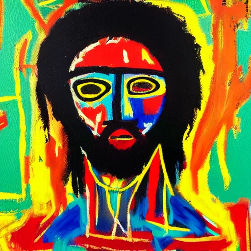 Image similar to oil painting of Jesus on the cross in the style of Basquiat, 8k