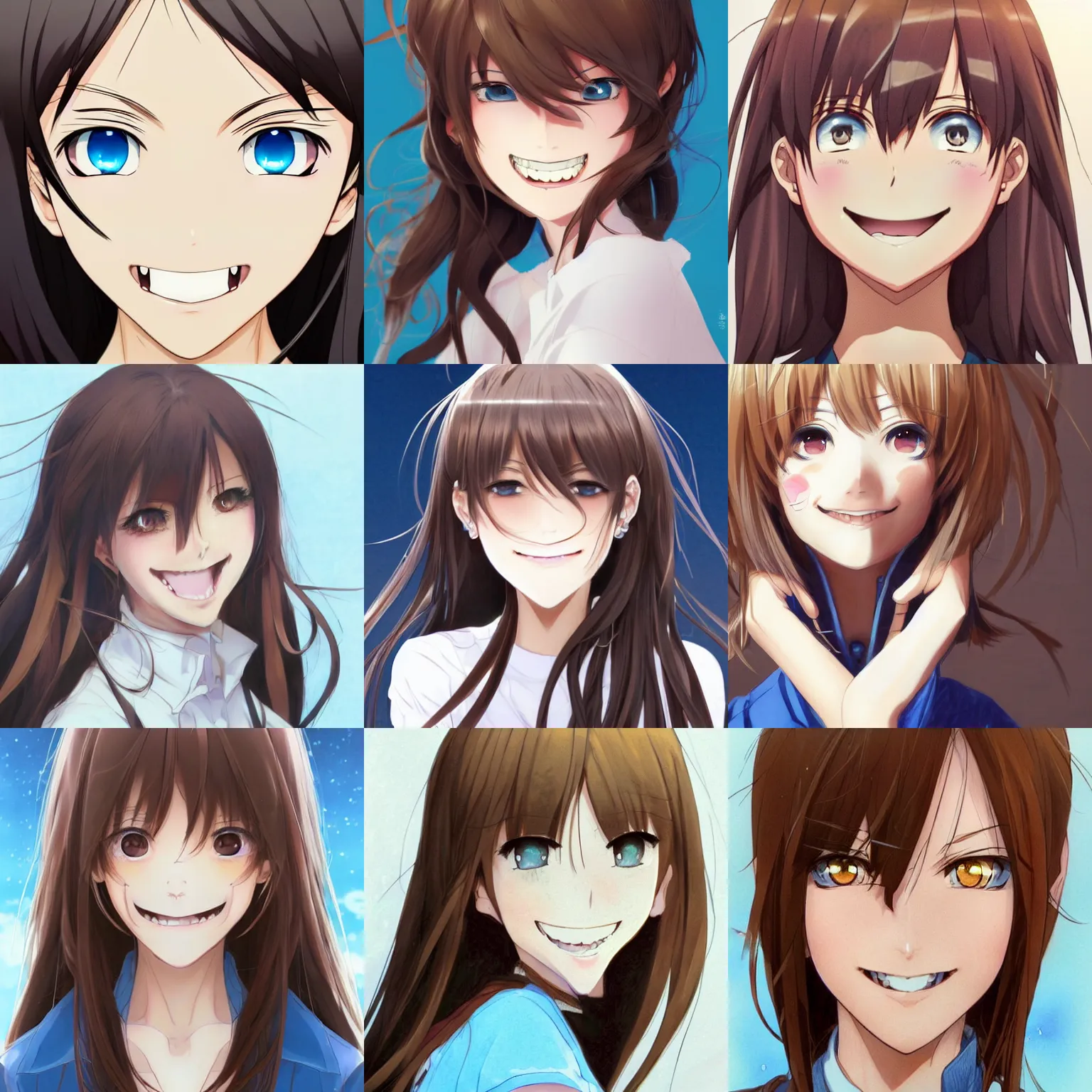 Prompt: An anime drawing of a happy beautiful woman with straight brown hair, a big pretty smile, bright blue eyes, without glasses, and her whole head fits in the frame, by Stanley Artgerm Lau, WLOP, Rossdraws, James Jean, Andrei Riabovitchev, Marc Simonetti, and Sakimi chan, trending on artstation