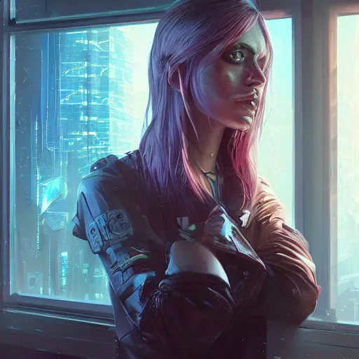 Image similar to portrait of cyberpunk woman looking out of a window, cyberpunk setting, futuristic, highly detailed, intricate lighting, digital painting, sharp focus, illustration, trending on artstation, art by charlie bowater.