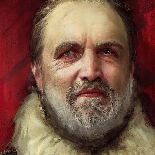 Image similar to Solomon Joseph Solomon and Richard Schmid and Jeremy Lipking victorian genre painting portrait painting of a old rugged movie actor medieval french english german knight character in fantasy costume, red background