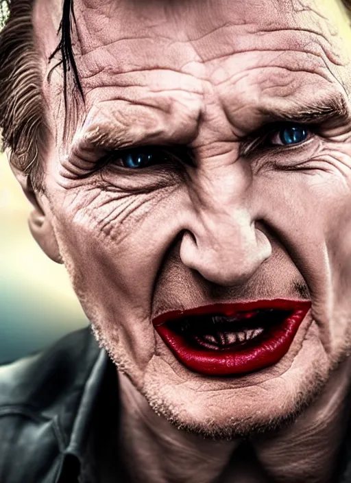 Image similar to Liam Neeson in the role of the Joker, realistic, studio photography, 4k, detailed face, cinematic lighting