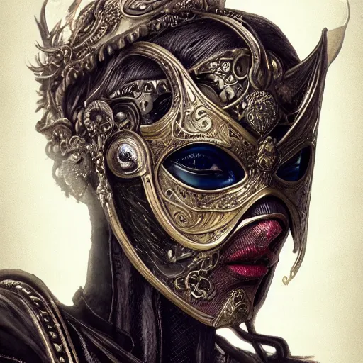 Image similar to Very very very very highly detailed epic photo of face with venetian mask, intricate, dystopian, sci-fi, extremely detailed, digital painting, artstation, concept art, smooth, sharp focus, illustration, intimidating lighting, incredible art by Artgerm