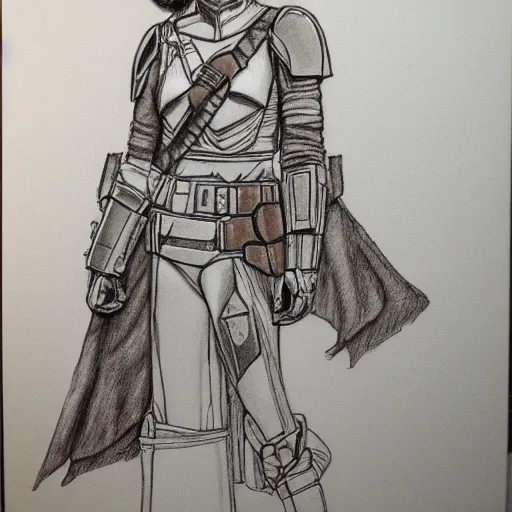 Image similar to the mandalorian in a smock and a frilly dress. pencil drawing.