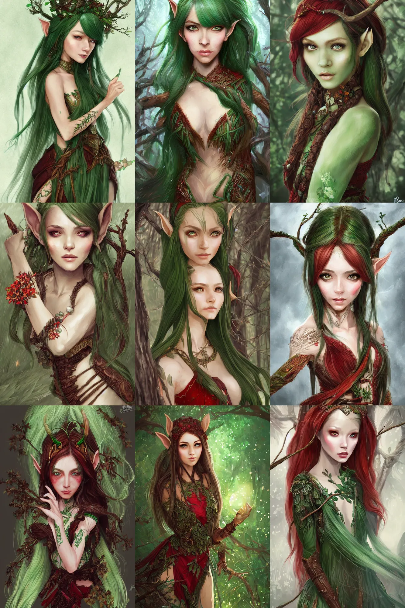 Prompt: beautiful wood elf, female, green hair, brown skin, red eyes, ornamental dress made of branches, high fantasy, extremely detailed, digital illustration, by rossdraws, wlop, artgerm