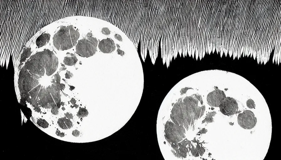 Image similar to full moon, style of shuzo oshimi, black outline, on white, smooth, thin sharp lines, detailed