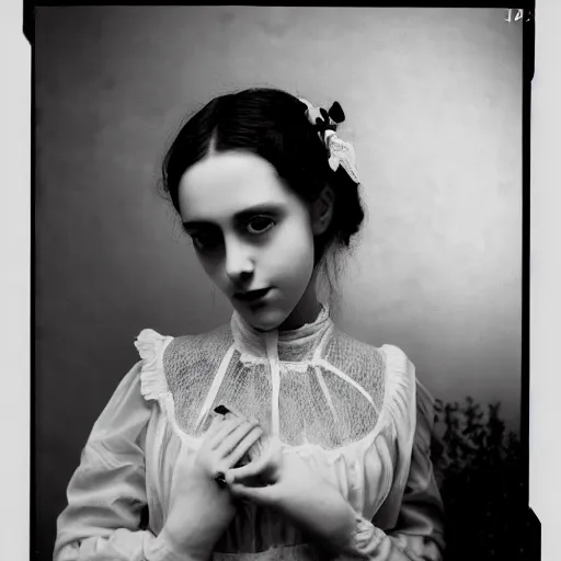 Prompt: 35mm head and shoulders portrait of an expressive Victorian gothic girl doing ASMR with various hand movements, Graflex photograph by Mark Ryden