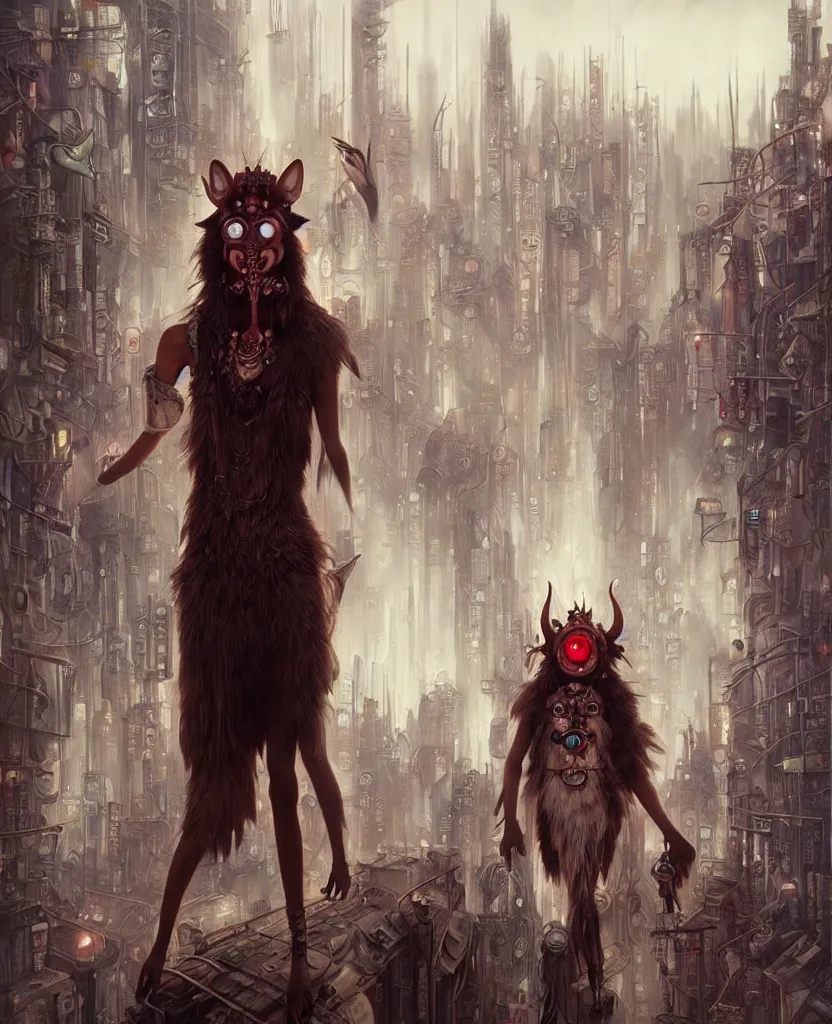 Image similar to hyper realistic Princess Mononoke, spooky mask, busy cyberpunk metropolis, city landscape, jewels, style of tom bagshaw, mucha, james gurney, norman rockwell, denoised, sharp