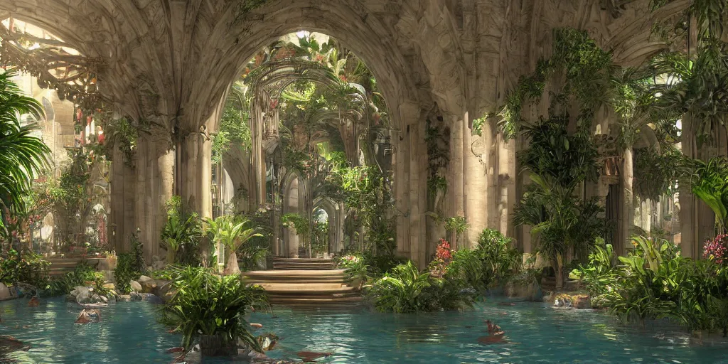 Image similar to cathedral interior with koi pond in the middle surrounded by palm trees, ivy, flowers, tropical plants, roses, and with archways. rendered in octane render with photorealistic lighting, fantasy concept art by tyler edlin, antoine blanchard, thomas cole