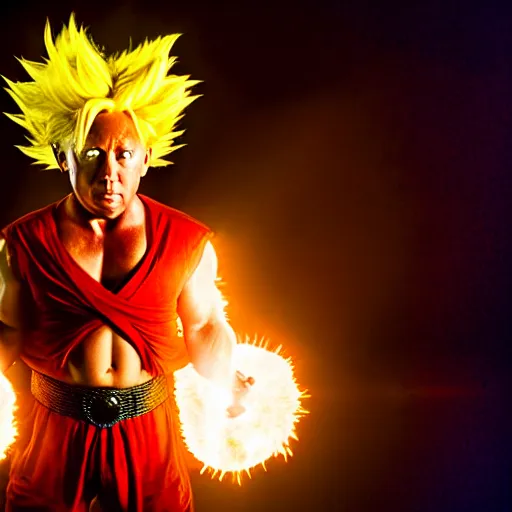 Image similar to uhd candid photo of alex jones as a super sayian, glowing, global illumination, studio lighting, radiant light, detailed, intricate costume. photo by annie leibowitz