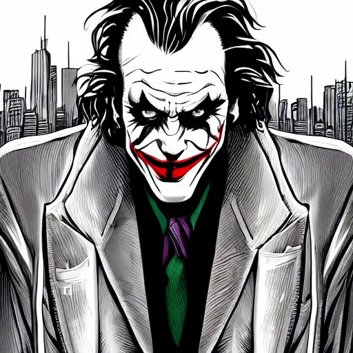 Image similar to portrait of the joker looking out at gotham city from wayne tower, 4 k, anime style, realistic, sharp focus, elegant