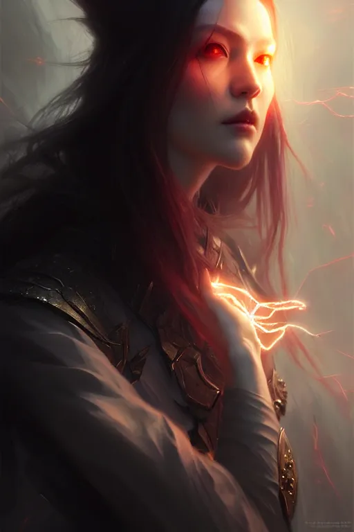 Prompt: beautiful vampire, wonderful eyes, three - dimensional rendering, hyperrealistic detailed portrait holding light and electricity, ruan jia, clap. scifi, fantasy, magic the gathering, over - detailed, octane rendering, concept art by artgerm, peter murbacher, detailed and complex environment
