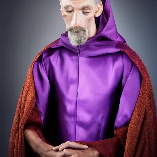 Prompt: 4 k studio portrait photograph of a tall intelligent praying mantis in a purple cloak