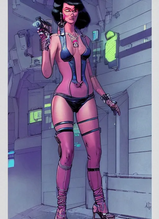 Prompt: cyberpunk hitwoman walking into a nightclub. portrait by mœbius and will eisner and gil elvgren and pixar. realistic proportions. cyberpunk 2 0 7 7, apex, blade runner 2 0 4 9 concept art. cel shading. attractive face. thick lines.