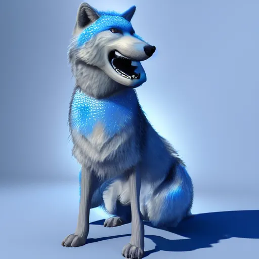 Image similar to 3 d render, well toned, large and tall, female, anthropomorphic wolf with a short snout, furless, blue scales with white spots, icey blue dress, blue scales covering her chest.