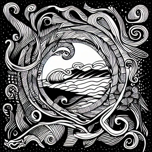 Image similar to tattoo sketch of a ocean, on a canva, blackwork, ornamental, line art, vector,