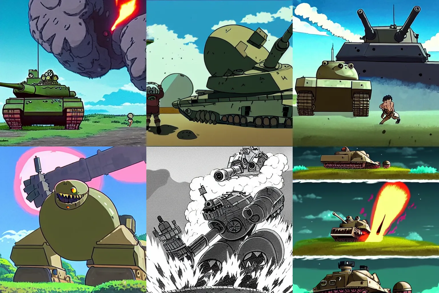Prompt: An epic battle between a tank and a giant monster. The tank barrel has been ripped off the tank. A shell is exploding in the monster's torso. The crew is abandoning the tank right before it explodes. In the style of Studio Ghibli.