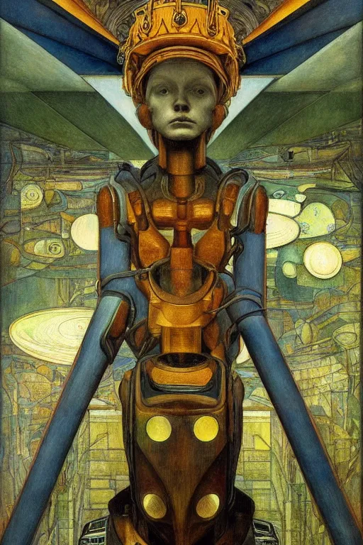 Image similar to the robot wearing his electric crown stands by the window at midnight , by Annie Swynnerton and Diego Rivera and Elihu Vedder, symbolist, dramatic lighting, elaborate geometric ornament, Art Brut, soft blues and greens,smooth, sharp focus, extremely detailed, Adolf Wölfli and Evelyn De Morgan