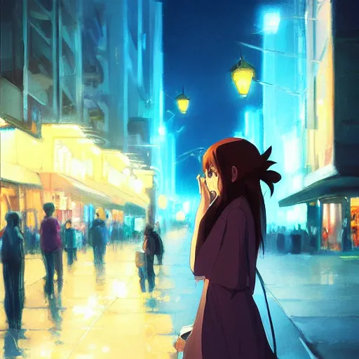 Image similar to a girl smoking, beautiful face, street at night, long hairfine art painting by makoto shinkai, featured on pixiv, hd