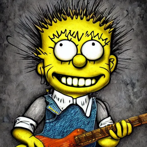 Prompt: surrealism grunge cartoon portrait sketch of bart simpson with a wide smile and a guitar by - michael karcz, loony toons style, the conjuring style, detailed, intricate