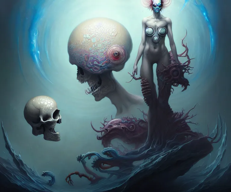 Image similar to mix media, biomecanical cyber alian of the whiched,, artwork by charlie bowater and tom bagshaw, insanely detailed, artstation, psychedelic art. atoms surrounded by skulls and spirits deep under the sea, horror, sci - fi, surrealist painting, by peter mohrbacher anato finnstark