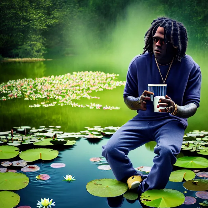 Image similar to Kodak Portra 400, 8K, soft light, volumetric lighting, highly detailed, britt marling style 3/4 ,portrait photo of chief keef holding a cup of lean and a blunt, the face emerges from the water of a pond with water lilies, inspired by Ophelia paint , a beautiful scenery with highly detailed realistic weed smoke , Realistic, Refined, Highly Detailed, natural outdoor soft pastel lighting colors scheme, outdoor fine art photography, Hyper realistic, photo realistic