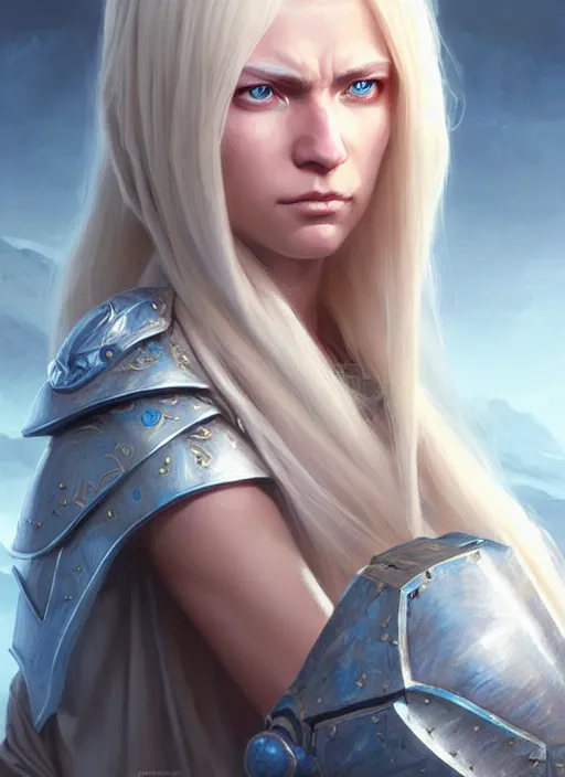 Image similar to a fantasy style portrait painting of shy white female paladin with blonde hair and blue eyes shy, scar under left eye, holy oil painting unreal 5 daz. rpg portrait extremely detailed artgerm greg rutkowski _ greg