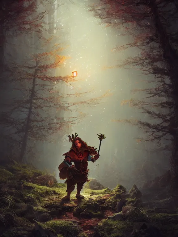 Prompt: Frightened Huntsman High Fantasy Dwarf treading through Haunted Forest with Glowing Lights, RPG Portrait Reference, Oil Painting, Trending on Artstation, octane render, Insanely Detailed, 8k, HD