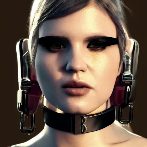 Prompt: detailed realistic female character cyberpunk wearing leather belt collar around neck, realistic, art, beautiful, 4K, collar, choker, collar around neck, punk, artstation, detailed, female, woman, choker, cyberpunk, punk, collar, choker, collar around neck,