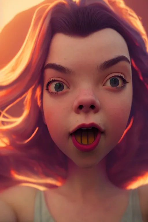 Prompt: anya taylor joy silly selfie with a pulled out tongue, pixar, volumetric lighting, epic composition, hyper detailed, ultra realistic, sharp focus, octane render, volumetric, ray tracing, artstation trending, cgsociety, sense of awe, 4 k