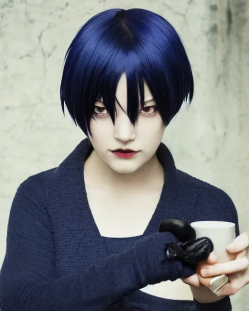 Image similar to touka kirishima from tokyo ghoul as a barista, dark blue hair, modern fashion, half body shot, photo by greg rutkowski, female beauty, f / 2 0, symmetrical face, warm colors, depth of field