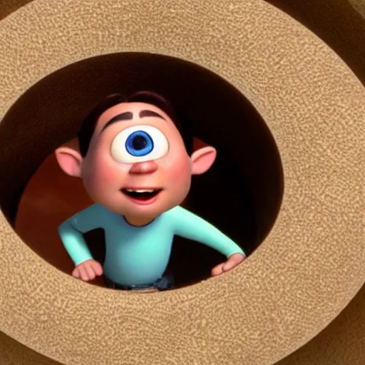 Image similar to a person looking through a circular hole directly at the camera, pixar animations. 3D