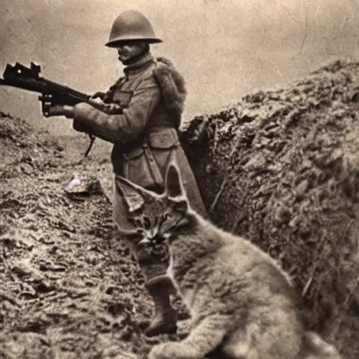 Image similar to cute fluffy caracal in trenches of ww 1, wearing ww 1 hermet, with rifle, old photo, hyperrealistic detailed 8 k