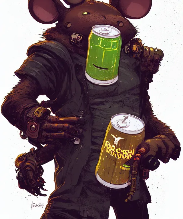 Image similar to a portrait of an anthropomorphic cyberpunk mouse holding a can of beer, cyberpunk!, fantasy, elegant, digital painting, artstation, concept art, matte, sharp focus, illustration, art by josan gonzalez