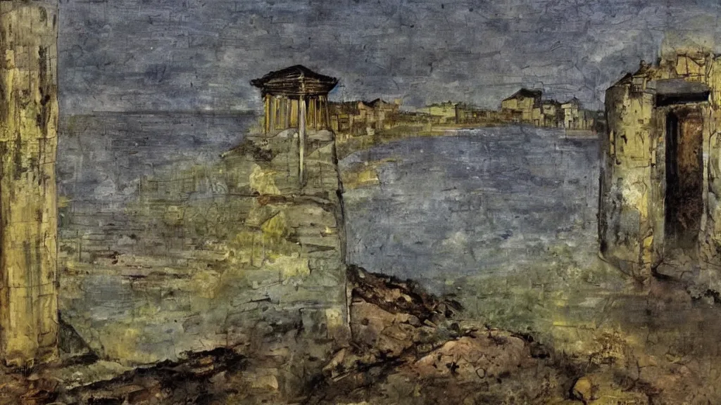 Image similar to a chinese prison near a river by peter doig, muted colors