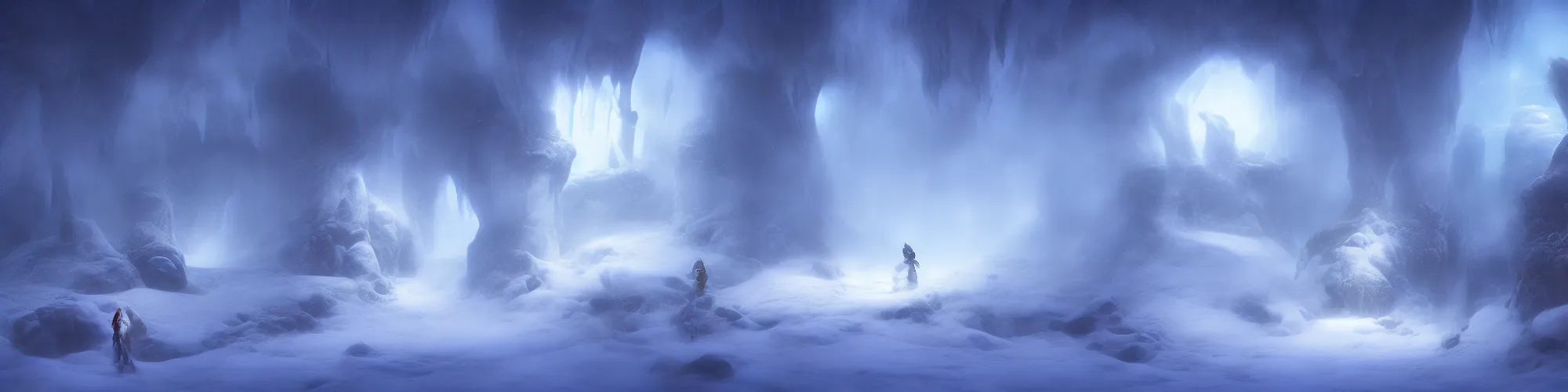 Image similar to huge snow cave with cinematic lighting in the style of ori and the blind forest, highly detailed, digital art 4k, 8k