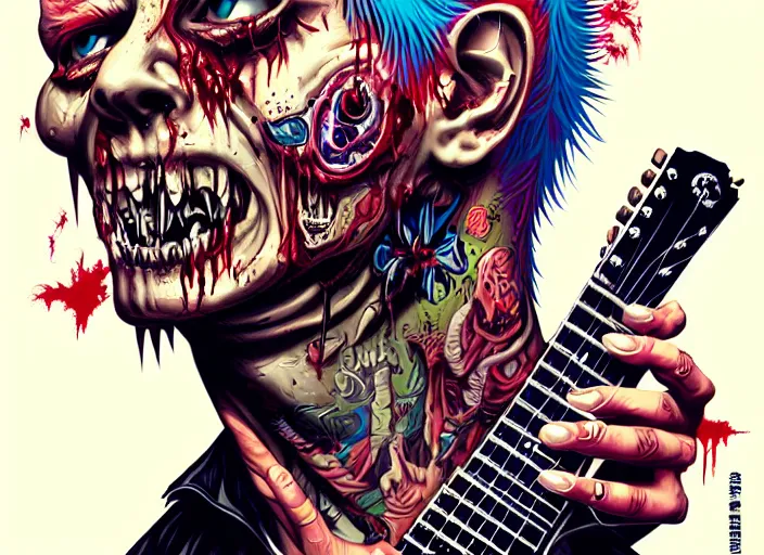 Prompt: a zombie punk rocker with a mohawk holding a stratocaster, tristan eaton, victo ngai, artgerm, rhads, ross draws