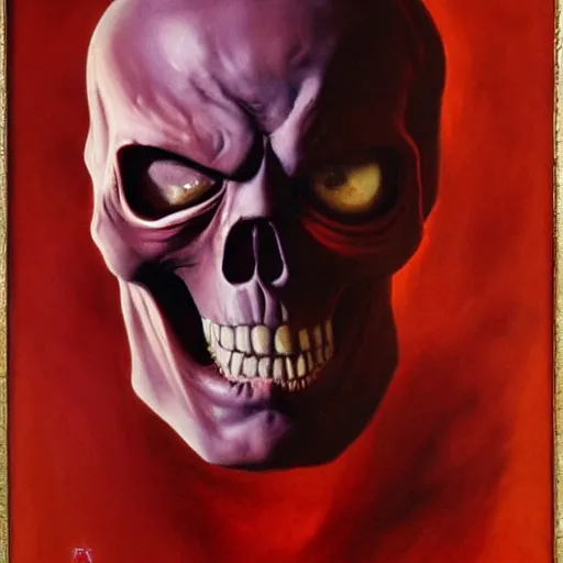 Image similar to ultra realistic portrait painting of red skull as harry potter, art by frank frazetta, 4 k, ultra realistic, highly detailed, epic lighting