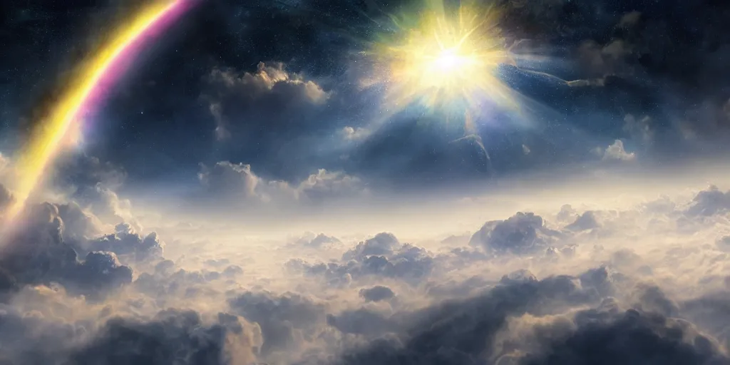 Image similar to Cosmic inflation bubbles peaking through the clouds, above the layer of clouds is a council of ascended masters, rays of consciousness, concept art, matte painting, 8k, highly detailed, artstation, light being, high quality,